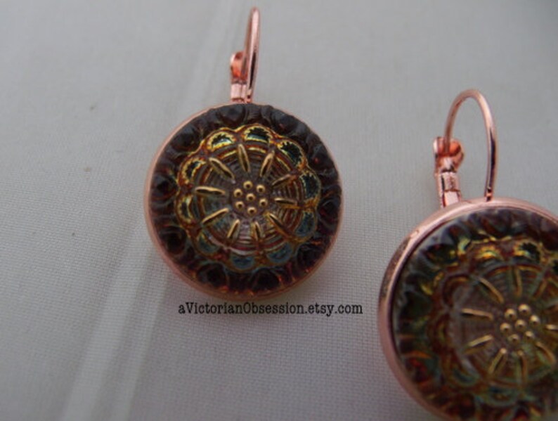 Czech Glass Lever back earrings rose gold Volcano button