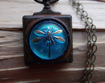 Victorian Vintage Style art deco pendant Dragon fly Czech glass button