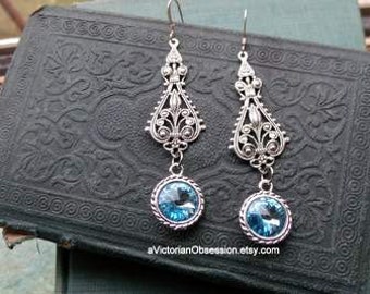 Wedding Victorian Chandelier Crystal  aqua blue  silver earrings