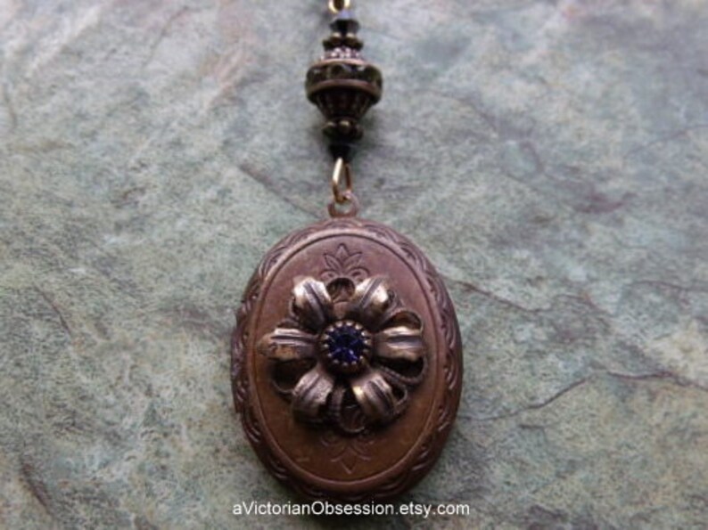 Brass Locket Necklace Oval Etched Pendant Lavender Rhinestone Etsy