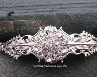 Hair Barrette Crystal Victorian Wedding rhinestone Hair barrette silver and Crystal