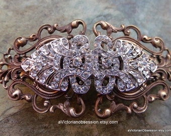 Vintage Victorian rhinestone hair barrette hair clip brass filigree