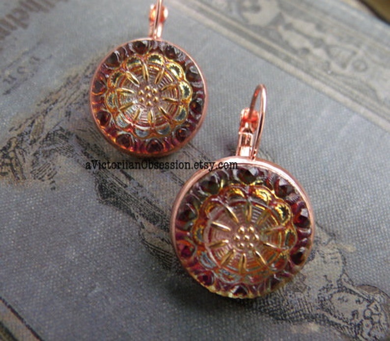 Czech Glass Lever back earrings rose gold Volcano button