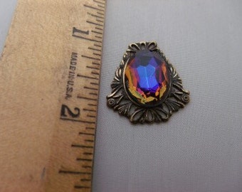 Jewelry making Oval  Iridescent  blue jewelry finding Pendant brass antique gold glass filigree cabachon