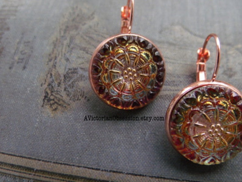 Czech Glass Lever back earrings rose gold Volcano button