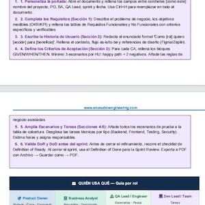 Puede incluir: Una plantilla de documento digital titulada CÓMO USAR LA PLANTILLA — 6 PASOS, que presenta instrucciones para la gestión de proyectos, historias de usuario y criterios de aceptación. Incluye una guía por roles, QUIÉN USA QUÉ, para Product Owners, Business Analysts, QA Leads y equipos de desarrollo.