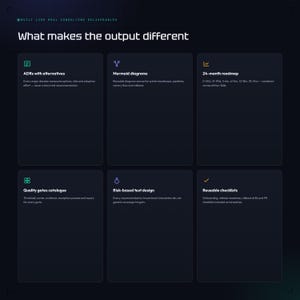 May include: A dark infographic titled What makes the output different, featuring six rectangular sections with icons and text: ADRs with alternatives, Mermaid diagrams, 24-month roadmap, Quality gates catalogue, Risk-based test design, and Reusable checklists.