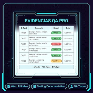 Puede incluir: Un informe de pruebas de control de calidad digital titulado EVIDENCIAS QA PRO que presenta una tabla con seis casos de prueba, escenarios, resultados y fechas. La tabla muestra cinco resultados aprobados en verde, uno fallido en rojo y uno pendiente en amarillo.