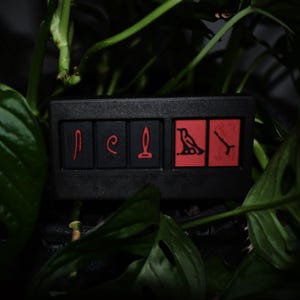 May include: A black rectangular box with five red squares. Each square contains a different hieroglyphic symbol. The symbols are: a vertical line, a curved line, a vertical line with a horizontal line at the top, a bird with outstretched wings, and a vertical line with a horizontal line at the bottom.