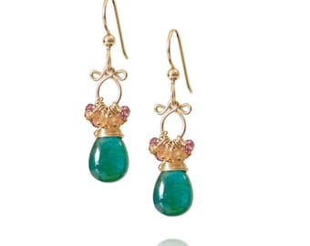 Grandidierite gemstone earrings, forest green gemstone dangles, garnet birthstone accents,  Mother's Day gift