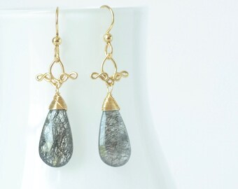 Tourmalinated Quartz, 14k Gold Filled Earrings, Quartz Dangles, Tourmalinated Quartz Earrings,  Mother's Day Gift for her