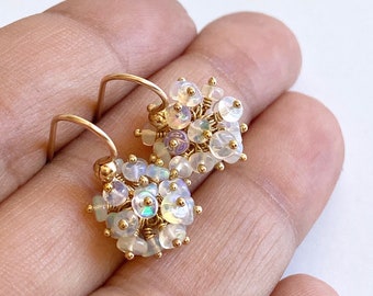 Ethiopian Opals and Gold Filled Earrings,  Opal Cluster Earrings, Pom Pom Earrings, October Birthstone Earrings