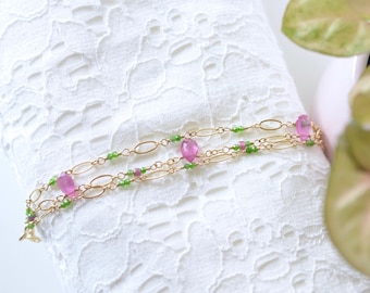 Pink Sapphires, Chrome Diopside 14k Gold Filled Bracelet, September Birthday Gift Idea