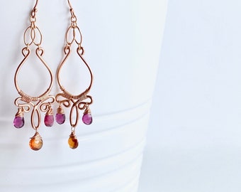 Orange and Pink Garnets Rose Gold Earrings, January Birthstone Earrings, Chandelier Earrings, January Birthday Gift Idea For Her