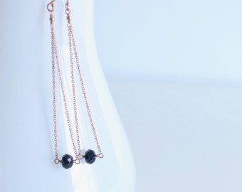 Simple black spinel and rose gold long earrings, Slender dangles, Lightweight earrings,  Mother's Day gift for her