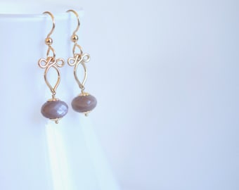 Brown Moonstone Gold Earrings, Delicate Chocolate Moonstone Dangles, Australian Moonstone Earrings, Petite Brown Earrings