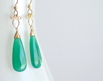 Green Onyx Earrings, Emerald Green, Green Dangles, Statement Earrings, Summer Earrings, Gold Dangling Earrings, Medium Drop, Gift for her.