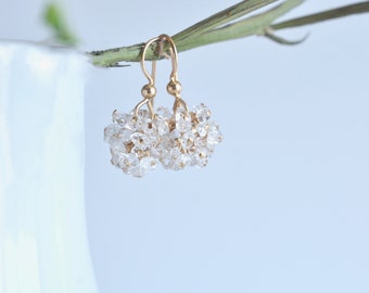 Herkimer Diamond Quartz and Gold Earrings,  Quartz Cluster Earrings, Pom Pom Earrings, April Birthstone Earrings, Petite Gift For Her