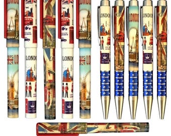 May include: Set of ten London themed pens. The pens have a red and blue color scheme with images of London landmarks, including Big Ben, the London Eye, and red double-decker buses. The pens have a silver and blue metal barrel with a gold colored tip.