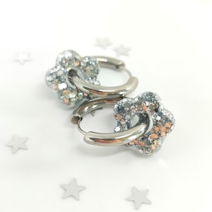 Stainless steel earrings, silver flower hoops