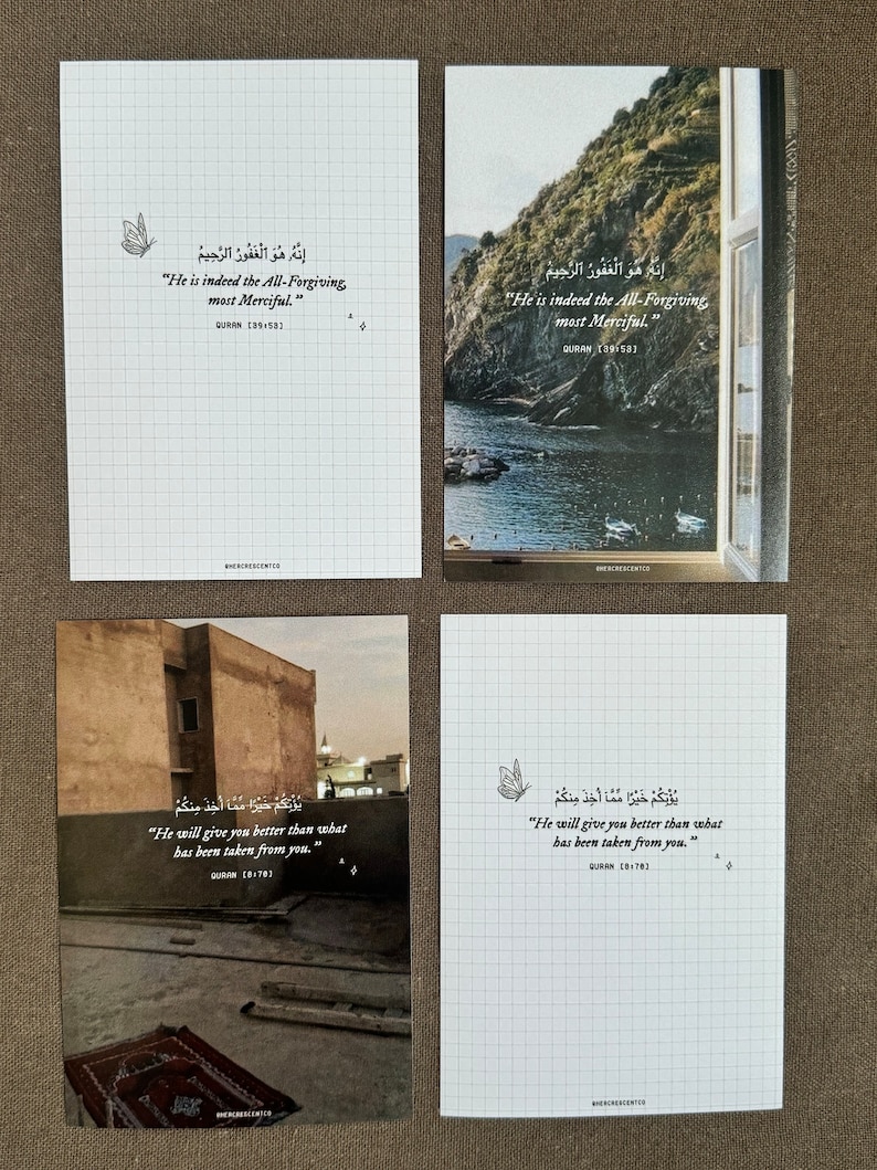 Puede incluir: Cuatro impresiones art&iacute;sticas rectangulares con citas inspiradoras del Cor&aacute;n. Dos impresiones presentan una ilustraci&oacute;n de mariposa. Una impresi&oacute;n muestra una vista costera. Las impresiones est&aacute;n sobre un fondo de cuadr&iacute;cula.