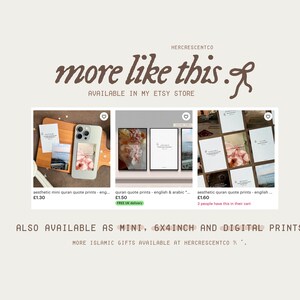 Puede incluir: Exhibici&oacute;n de una tienda Etsy con mini impresiones de citas est&eacute;ticas del Cor&aacute;n, disponibles como mini, 6x4 pulgadas e impresiones digitales. La imagen muestra varias impresiones, incluidas opciones enmarcadas y una funda para tel&eacute;fono, con el nombre y el lema de la tienda.