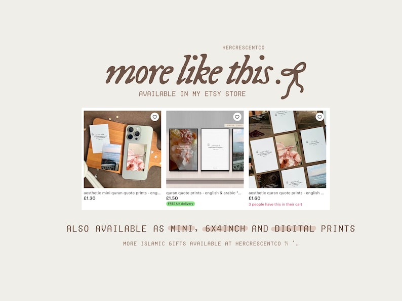 Puede incluir: Exhibici&oacute;n de una tienda Etsy con mini impresiones de citas est&eacute;ticas del Cor&aacute;n, disponibles como mini, 6x4 pulgadas e impresiones digitales. La imagen muestra varias impresiones, incluidas opciones enmarcadas y una funda para tel&eacute;fono, con el nombre y el lema de la tienda.