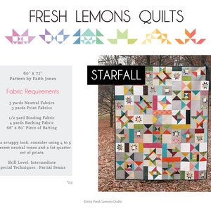 Può includere: Un modello di trapunta chiamato "Starfall" della collezione Fresh Lemons Quilts. La trapunta è realizzata con una varietà di tessuti colorati e presenta un motivo a stella. La trapunta misura 152 cm per 183 cm e richiede 2,7 metri di tessuti neutri, 2,7 metri di tessuti stampati, 0,45 metri di tessuto di bordatura, 3,6 metri di tessuto di supporto e un pezzo di ovatta di 173 cm per 203 cm.