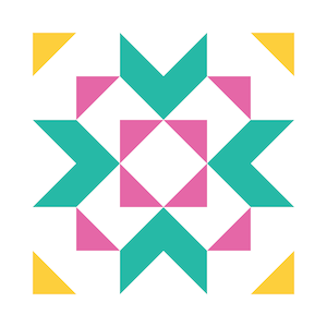 May include: A geometric pattern with teal, pink, and yellow triangles. The pattern is symmetrical and has a white background.