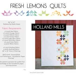 Può includere: Uno schema di quilting per una trapunta Fresh Lemons, con uno sfondo bianco e blocchi colorati a forma di fiore. Lo schema misura 60 pollici per 70 pollici e richiede 1/3 di yarda di rosso, arancione, giallo, verde, blu chiaro, blu scuro, 1/4 di yarda di grigio, 5 yarda di bianco, 1/2 di yarda di bordatura, 4 yarda di tessuto di supporto e un pezzo di imbottitura di 68 pollici per 78 pollici. Lo schema è di Faith Jones ed è per un livello di abilità intermedio. Lo schema utilizza il quilting con carta di fondazione.