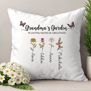 Almohada personalizada del jardín de la abuela, almohada de flores de nacimiento personalizada, almohada del jardín de las abuelas con nietos, regalo para la abuela, regalo de Navidad