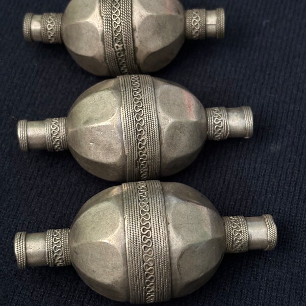 3 Large Afghan / Turkmen Silver Beads Beautiful Markings Ceremonial Necklace