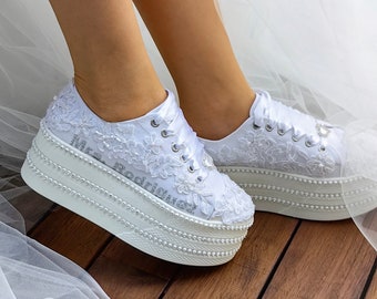 Bridal Shoes Flat Platform sole White & Ivory production Personalized Glitter Color Text Options Sneakers Bridal wedding dress bride shoes