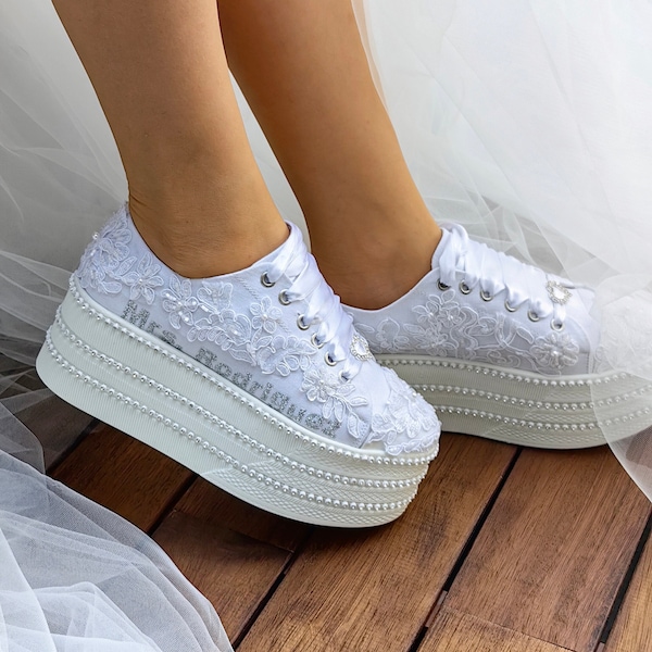 Brautschuhe, flache Plateausohle, Produktion in Weiß und Elfenbein, personalisierte Glitzerfarben, Textoptionen, Sneakers, Brautschuhe für Hochzeitskleider