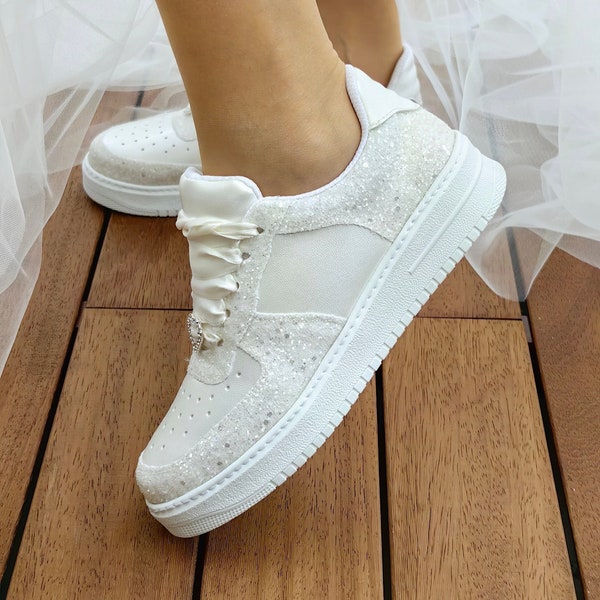Customizable  flat sole customizable special shoes Luxary ivory&white  production, lightened featured sole quality handmade bridal sneakers