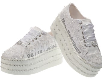 Bruidsschoenen Plat Platformzool Wit & Ivoor productie Gepersonaliseerde Glitter Kleur Tekst Opties Sneakers Bruids trouwjurk bruid schoenen