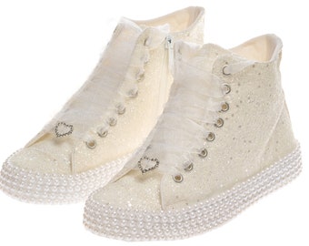 Handcrafted Pearl Detail, Sparkling Glitter, Custom Design Comfort Flat Sole Bridal Sneakers with Easy-On Interior Zipper for Wedding