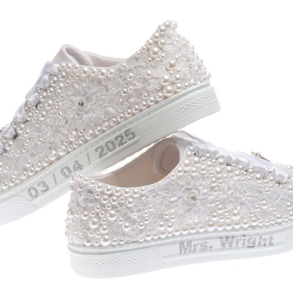 Scarpe da abito da sposa personalizzate Sneakers con applicazioni di perle bianche scarpe da tennis da sposa scarpe da ginnastica da sposa design confortevole suola leggera