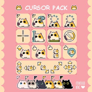 Könnte beinhalten: Ein Pixel-Art-Cursor-Paket auf rosa Hintergrund mit verschiedenen Katzen-Symbolen. Das Set enthält Kaliko-Katzen-Cursor, Richtungspfeile und Statusanzeigen. Der Text CURSOR PACK steht oben, MELLO INC mit einem Herz befindet sich am unteren Rand.