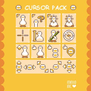 Può includere: Grafica pixelata con sfondo giallo che presenta il titolo "CURSOR PACK" e vari design di cursore. I cursori includono un'anatra, un punto interrogativo, un mirino, una matita e un segnaposto di posizione. La tavolozza dei colori è principalmente gialla, bianca e arancione.
