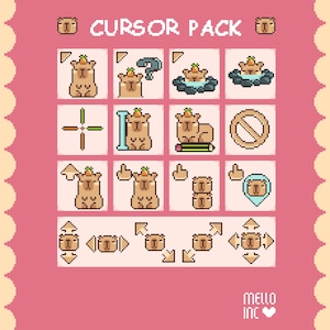Op de afbeelding: Een pixelafbeelding met het label "CURSOR PACK" op een roze achtergrond. Het pakket bevat verschillende cursorontwerpen, waaronder een capibara met een wortel, een vraagteken en pijlen. De tekst "mello inc" staat rechtsonder.
