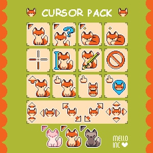 May include: A pixel art design featuring a "CURSOR PACK" with various fox-themed cursors. The cursors include different poses, question marks, and directional arrows. The color palette consists of orange, white, and blue on a green background, with an orange border.