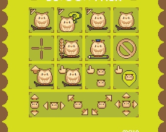Peut inclure: Un pack de curseurs en pixel art représentant divers hiboux marron sur un fond vert citron. L'ensemble comprend des hiboux sur des branches, des hiboux avec des points d'interrogation, des flèches directionnelles et un symbole interdit.