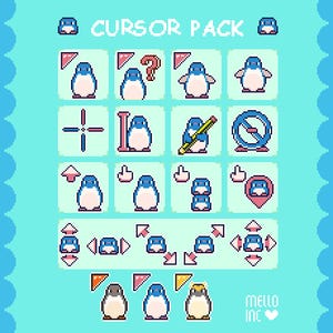 May include: A pixelated "CURSOR PACK" graphic with various penguin-themed cursor designs. The cursors include arrows, question marks, and a pencil, all in a blue, white, and pink color scheme. The background is light blue with a wavy border.