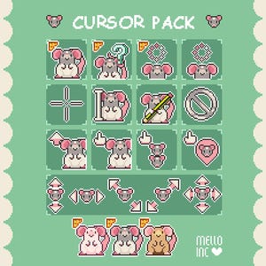 Peut inclure: Un pack de curseurs en pixel art sur fond vert, avec divers curseurs sur le thème de la souris. Les curseurs incluent un point d'interrogation, un crayon, un pouce levé et des flèches directionnelles. Le texte "CURSOR PACK" est en haut.