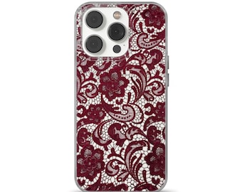 Burgundy Lace Phone Case — Red , Vintage Style Cover for iPhone 17 16, Google Pixel 10 9, Samsung Galaxy S25 Fe