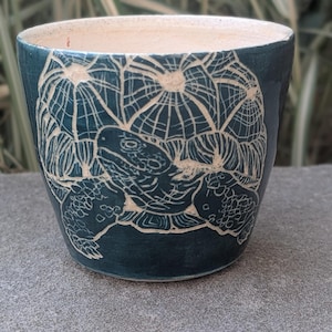 Tortoise Dark Teal Handmade Ceramic Planter with Drainage Hole