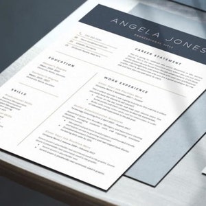 May include: A black and white CV with the name Angela Jones at the top. The CV includes sections for education, skills, work experience, and a career statement.