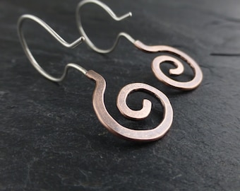 hammered copper SPIRAL sterling silver hook earrings  e142