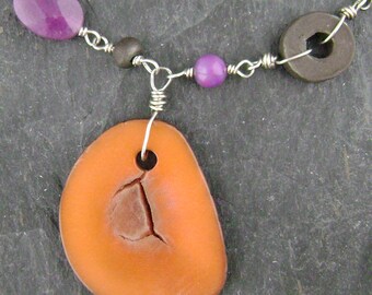 Orange, Brown and Purple tagua nut, turquoise, ceramic and carnelian, wire wrapped sterling silver necklace n109